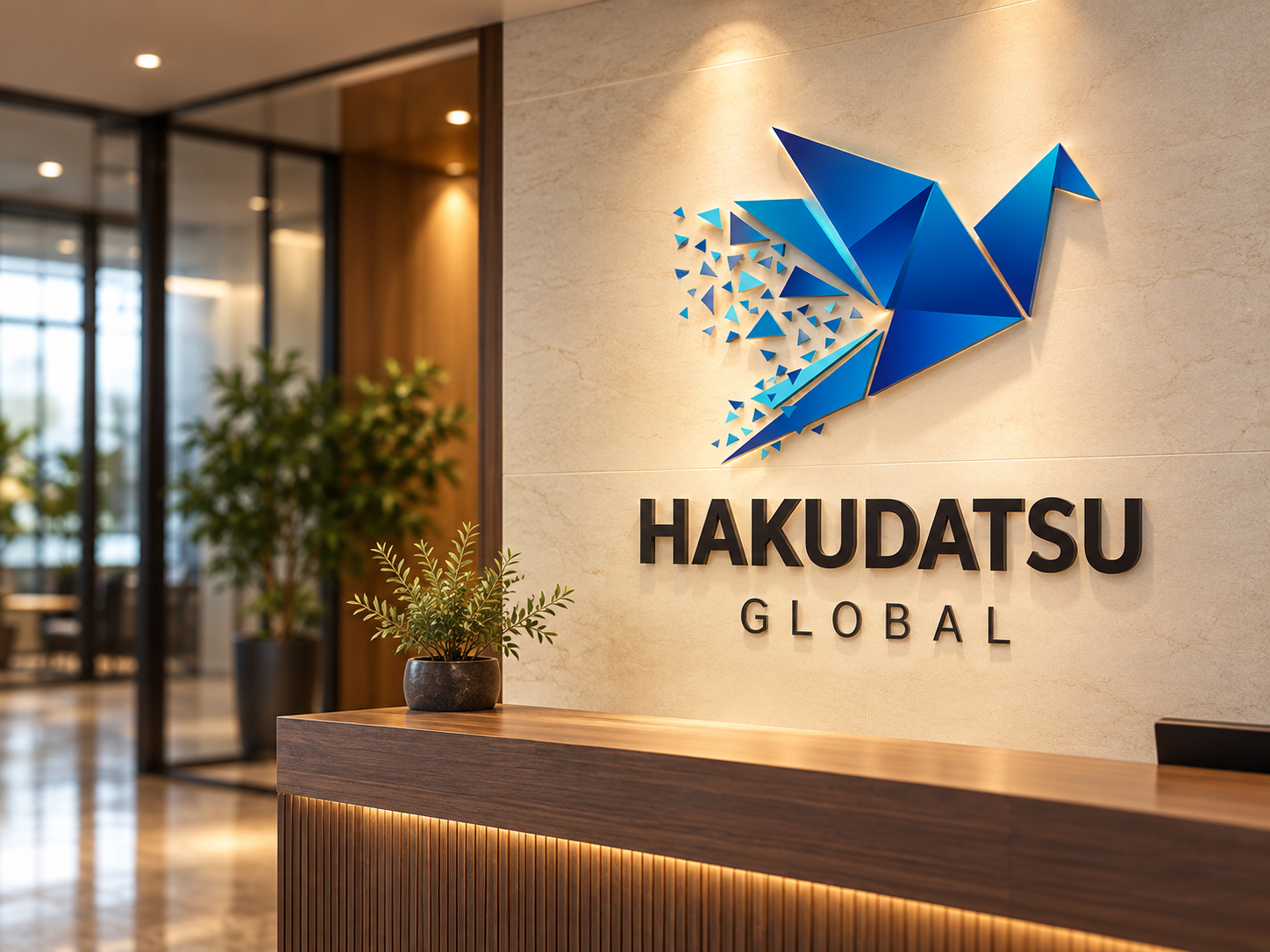 Hakudatsu office brand visualization with a crane logo feature wall